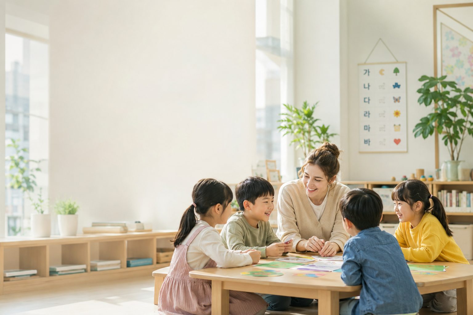 A teacher smiling with young students in a bright classroom